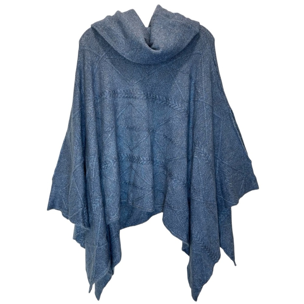 Blue Tweed Lightweight Cable Knit Poncho w/ Cowl Neck and Arm Holes - One Size
